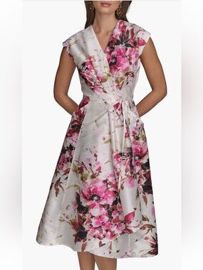 Donna Karan New York Floral Tiered Dupioni Wrap Dress Size 2 Ivory Pink NWT $179